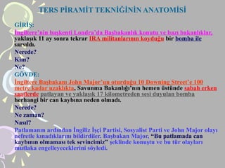 TERS PİRAMİT TEKNİĞİNİN ANATOMİSİ
GİRİŞ:
İngiltere’nin başkenti Londra’da Başbakanlık konutu ve bazı bakanlıklar,
yaklaşık 11 ay sonra tekrar IRA militanlarının koyduğu bir bomba ile
sarsıldı.
Nerede?
Kim?
Ne?
GÖVDE:
İngiltere Başbakanı John Major’un oturduğu 10 Downing Street’e 100
metre kadar uzaklıkta, Savunma Bakanlığı’nın hemen üstünde sabah erken
saatlerde patlayan ve yaklaşık 17 kilometreden sesi duyulan bomba
herhangi bir can kaybına neden olmadı.
Nerede?
Ne zaman?
Nasıl?
Patlamanın ardından İngiliz İşçi Partisi, Sosyalist Parti ve John Major olayı
nefretle kınadıklarını bildirdiler. Başbakan Major, “Bu patlamada can
kaybının olmaması tek sevincimiz” şeklinde konuştu ve bu tür olayları
mutlaka engelleyeceklerini söyledi.
 
