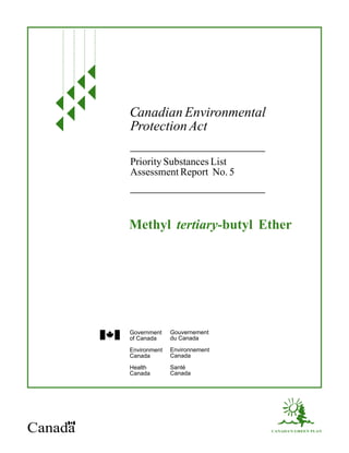 Canadian Environmental
ProtectionAct
Priority Substances List
Assessment Report No. 5
Government
of Canada
Environment
Canada
Health
Canada
Gouvernement
du Canada
Environnement
Canada
Santé
Canada
Methyl butyl Ether
tertiary-
Canada CANADA'S GREEN PLAN
 