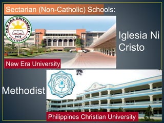 Sectarian (Non-Catholic) Schools: 
Iglesia Ni 
Cristo 
New Era University 
Methodist 
Philippines Christian University 
 