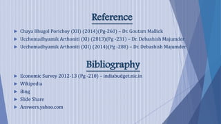 Reference
 Chaya Bhugol Porichoy (XII) (2014)(Pg-260) – Dr. Goutam Mallick
 Ucchomadhyamik Arthoniti (XI) (2013)(Pg -231) – Dr. Debashish Majumder
 Ucchomadhyamik Arthoniti (XII) (2014)(Pg -288) – Dr. Debashish Majumder
Bibliography
 Economic Survey 2012-13 (Pg -210) – indiabudget.nic.in
 Wikipedia
 Bing
 Slide Share
 Answers.yahoo.com
 