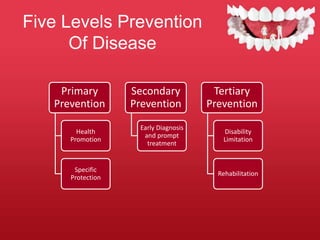 Five Levels Prevention
Of Disease
Primary
Prevention
Health
Promotion
Specific
Protection
Secondary
Prevention
Early Diagnosis
and prompt
treatment
Tertiary
Prevention
Disability
Limitation
Rehabilitation
 