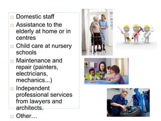  Domestic staff
 Assistance to the
elderly at home or in
centres
 Child care at nursery
schools
 Maintenance and
repair (painters,
electricians,
mechanics...)
 Independent
professional services
from lawyers and
architects.
 Other…
 