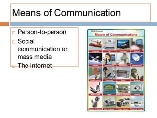 Means of Communication
 Person-to-person
 Social
communication or
mass media
 The Internet
 