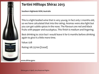 Tertini Hilltops Shiraz 2013
Southern Highlands NSW, Australia
__________________________________________________________
This is a light bodied wine that is very young, in fact only 2 months old at
the time of tasting, so we have calculated that into the rating. Aromas
were also light but you can get subtle spices in the nose. The flavours are
red and black fruits with pepper and eucalyptus. This finish is medium and
lingering.
Best drinking to 2020 but I would leave it for 6 months before drinking
again to give it a little more time.
Cost: $28
Shiraz.guru © April, 2014 Reserved Rights
www.shiraz.guru@ShirazGuru
69.4
/100
SG WINE RATING
MEDIOCRE
‘GREAT VALUE’ RATING
- 15.6
AVOID
 