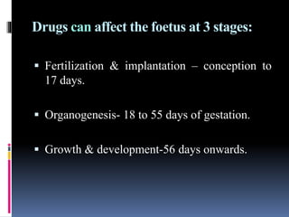 Drugs can affect the foetus at 3 stages:
 Fertilization & implantation – conception to
17 days.
 Organogenesis- 18 to 55 days of gestation.
 Growth & development-56 days onwards.
 