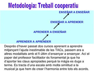 Metodologia: Treball cooperatiu Després d’haver passat dos cursos aprenent a aprendre mitjançant l’ajuda inestimable de les TACs, passem ara a altres modalitats amb el fi últim d’ensenyar a ensenyar. Ací el paper del professor facilitador és fonamental ja que ha d’aportar les claus apropiades perquè la màgia es duga a terme. Es tracta d’una escala amb molta similitud a la musical ja que hem de crear l’harmonia entre tots els acords. 