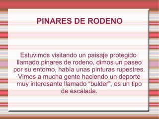 PINARES DE RODENO



   Estuvimos visitando un paisaje protegido
 llamado pinares de rodeno, dimos un paseo
por su entorno, había unas pinturas rupestres.
  Vimos a mucha gente haciendo un deporte
 muy interesante llamado “bulder”, es un tipo
                 de escalada.
 