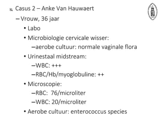  Casus 2 – Anke Van Hauwaert
– Vrouw, 36 jaar
• Labo
• Microbiologie cervicale wisser:
–aerobe cultuur: normale vaginale flora
• Urinestaal midstream:
–WBC: +++
–RBC/Hb/myoglobuline: ++
• Microscopie:
–RBC: 76/microliter
–WBC: 20/microliter
• Aerobe cultuur: enterococcus species
 