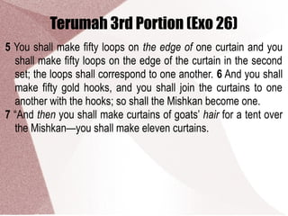 Terumah 3rd Portion (Exo 26)
5 You shall make fifty loops on the edge of one curtain and you
shall make fifty loops on the edge of the curtain in the second
set; the loops shall correspond to one another. 6 And you shall
make fifty gold hooks, and you shall join the curtains to one
another with the hooks; so shall the Mishkan become one.
7 “And then you shall make curtains of goats’ hair for a tent over
the Mishkan—you shall make eleven curtains.
 