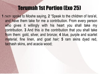 Terumah 1st Portion (Exo 25)
1 ‫יהוה‬ spoke to Moshe saying, 2 “Speak to the children of Isra’el,
and have them take for me a contribution. From every person
who gives it willingly with his heart you shall take my
contribution. 3 And this is the contribution that you shall take
from them: gold, silver, and bronze; 4 blue, purple and scarlet
material, fine linen, and goat hair; 5 ram skins dyed red,
tachash skins, and acacia wood;
 