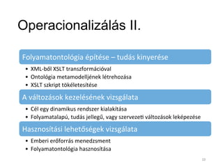 Operacionalizálás II.
Folyamatontológia	
  építése	
  –	
  tudás	
  kinyerése	
  
•  XML-­‐ből	
  XSLT	
  transzformációval	
  
•  Ontológia	
  metamodelljének	
  létrehozása	
  
•  XSLT	
  szkript	
  tökéletesítése	
  
A	
  változások	
  kezelésének	
  vizsgálata	
  
•  Cél	
  egy	
  dinamikus	
  rendszer	
  kialakítása	
  
•  Folyamatalapú,	
  tudás	
  jellegű,	
  vagy	
  szerveze*	
  változások	
  leképezése	
  
Hasznosítási	
  lehetőségek	
  vizsgálata	
  
•  Emberi	
  erőforrás	
  menedzsment	
  
•  Folyamatontológia	
  hasznosítása	
  
10	
  
 