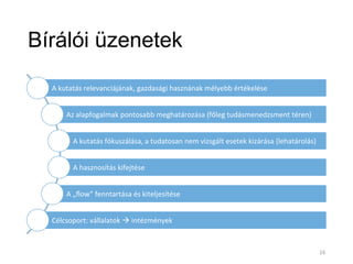 Bírálói üzenetek
A	
  kutatás	
  relevanciájának,	
  gazdasági	
  hasznának	
  mélyebb	
  értékelése	
  
Az	
  alapfogalmak	
  pontosabb	
  meghatározása	
  (főleg	
  tudásmenedzsment	
  téren)	
  
A	
  kutatás	
  fókuszálása,	
  a	
  tudatosan	
  nem	
  vizsgált	
  esetek	
  kizárása	
  (lehatárolás)	
  
A	
  hasznosítás	
  kifejtése	
  
A	
  „ﬂow”	
  fenntartása	
  és	
  kiteljesítése	
  
Célcsoport:	
  vállalatok	
  à	
  intézmények	
  
16	
  
 
