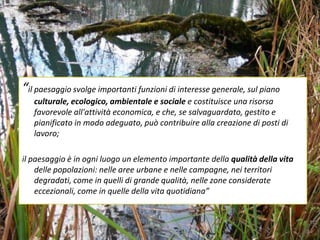 “il paesaggio svolge importanti funzioni di interesse generale, sul piano
   culturale, ecologico, ambientale e sociale e costituisce una risorsa
   favorevole all'attività economica, e che, se salvaguardato, gestito e
   pianificato in modo adeguato, può contribuire alla creazione di posti di
   lavoro;

il paesaggio è in ogni luogo un elemento importante della qualità della vita
    delle popolazioni: nelle aree urbane e nelle campagne, nei territori
    degradati, come in quelli di grande qualità, nelle zone considerate
    eccezionali, come in quelle della vita quotidiana”
 