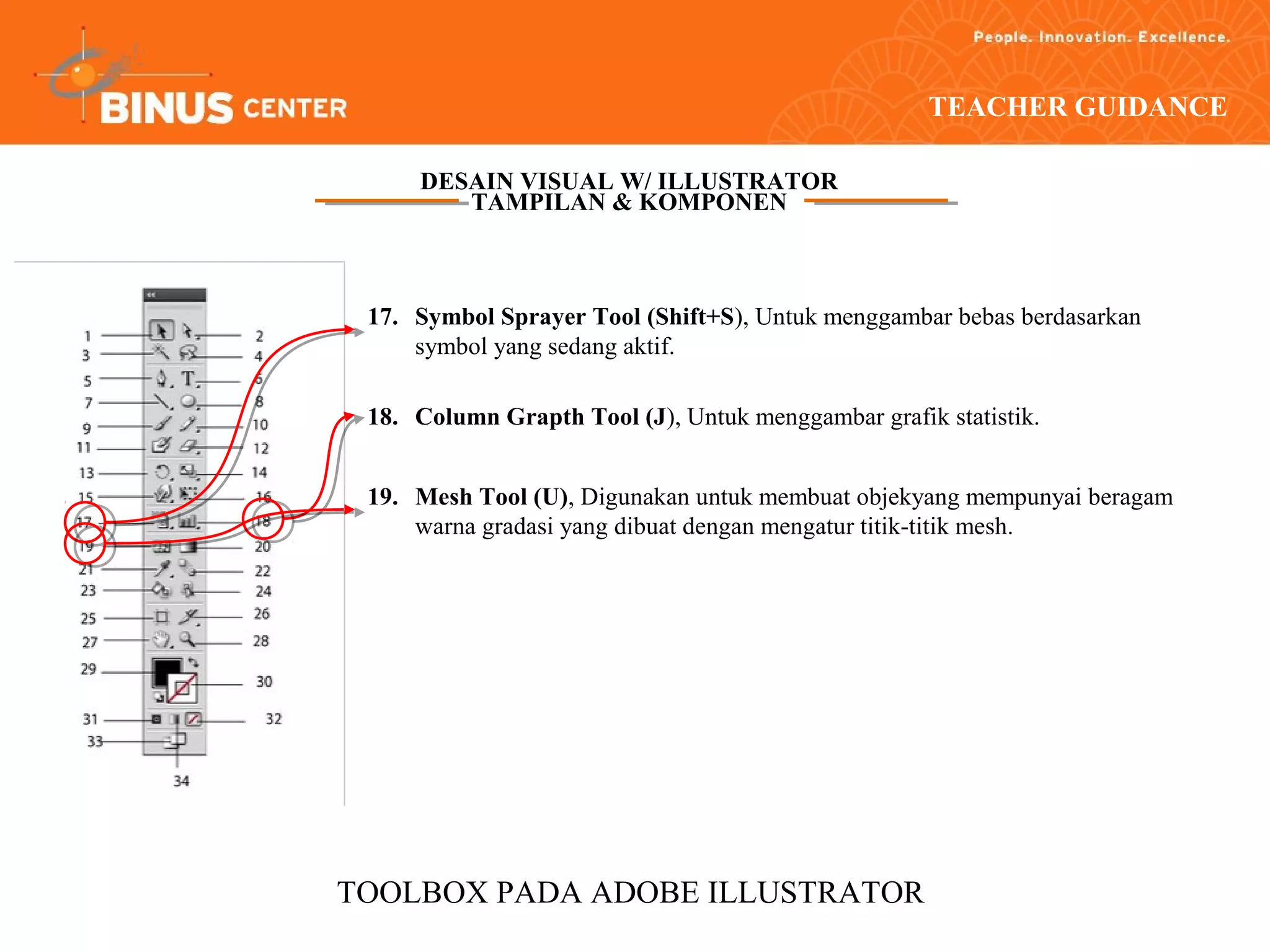 TEACHER GUIDANCE

     DESAIN VISUAL W/ ILLUSTRATOR
        TAMPILAN & KOMPONEN



 17. Symbol Sprayer Tool (Shift+S), Untuk menggambar bebas berdasarkan
     symbol yang sedang aktif.

 18. Column Grapth Tool (J), Untuk menggambar grafik statistik.


 19. Mesh Tool (U), Digunakan untuk membuat objekyang mempunyai beragam
     warna gradasi yang dibuat dengan mengatur titik-titik mesh.




TOOLBOX PADA ADOBE ILLUSTRATOR
 