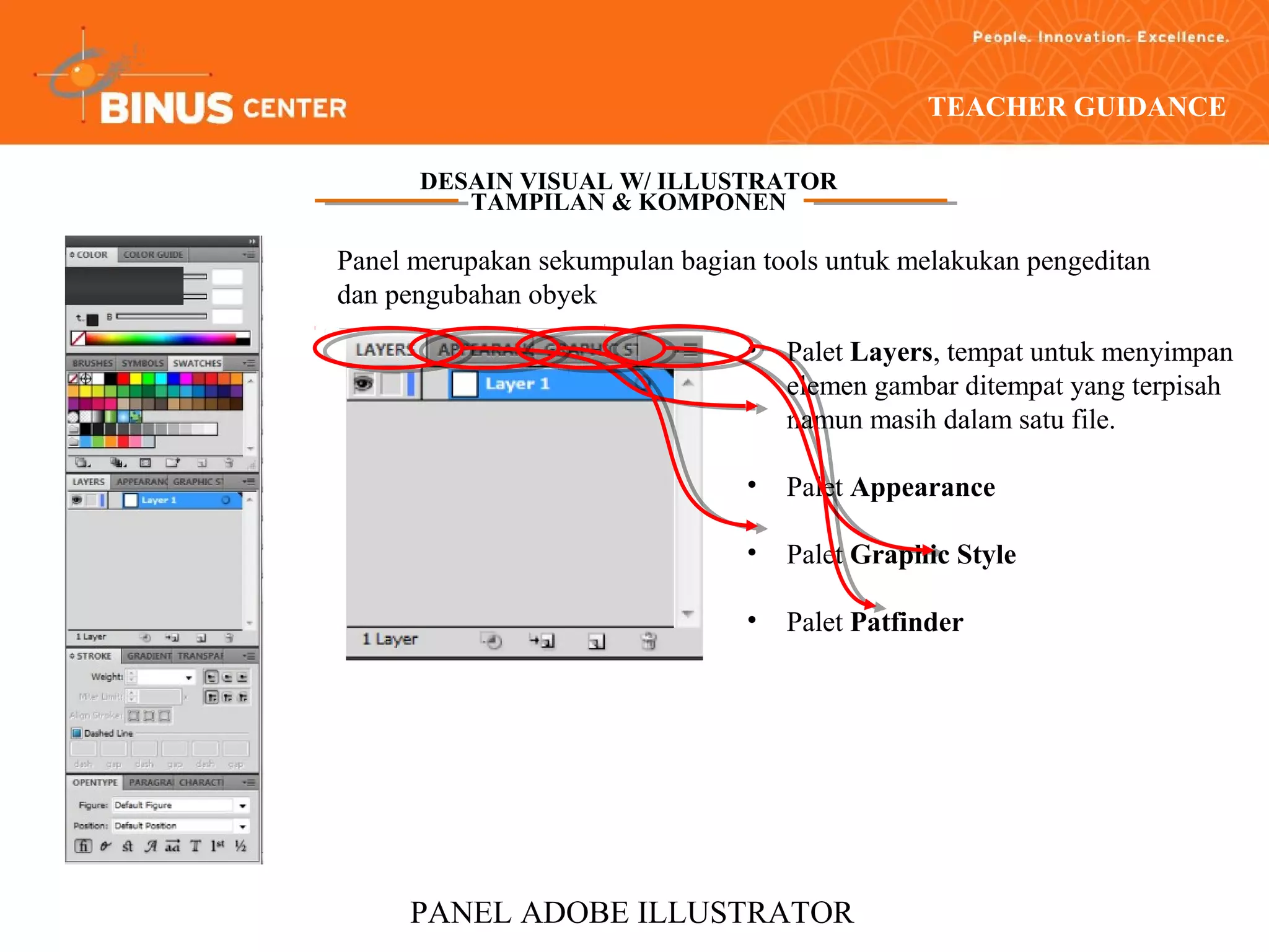 TEACHER GUIDANCE

      DESAIN VISUAL W/ ILLUSTRATOR
         TAMPILAN & KOMPONEN

Panel merupakan sekumpulan bagian tools untuk melakukan pengeditan
dan pengubahan obyek
                                 •   Palet Layers, tempat untuk menyimpan
                                     elemen gambar ditempat yang terpisah
                                     namun masih dalam satu file.

                                 •   Palet Appearance

                                 •   Palet Graphic Style

                                 •   Palet Patfinder




     PANEL ADOBE ILLUSTRATOR
 