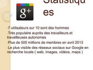 Statistiqu
es
-7

utilisateurs sur 10 sont des hommes
-Très populaire auprès des travailleurs et
travailleuses autonomes
-Plus de 500 millions de membres en avril 2013
-Le plus visible des réseaux sociaux sur Google en
recherche locale ( web, images, vidéos, maps )

 