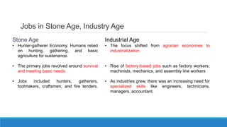 Jobs in Stone Age, Industry Age
Stone Age
• Hunter-gatherer Economy: Humans relied
on hunting, gathering, and basic
agriculture for sustenance.
• The primary jobs revolved around survival
and meeting basic needs.
• Jobs included hunters, gatherers,
toolmakers, craftsmen, and fire tenders.
Industrial Age
• The focus shifted from agrarian economies to
industrialization.
• Rise of factory-based jobs such as factory workers,
machinists, mechanics, and assembly line workers
• As industries grew, there was an increasing need for
specialized skills like engineers, technicians,
managers, accountant.
 