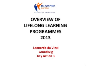 OVERVIEW OF
LIFELONG LEARNING
   PROGRAMMES
       2013
   Leonardo da Vinci
      Grundtvig
     Key Action 3

                       1
 