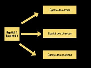 Égalité ?
ÉgalitéS !
Égalité des droits
Égalité des chances
Égalité des positions
 