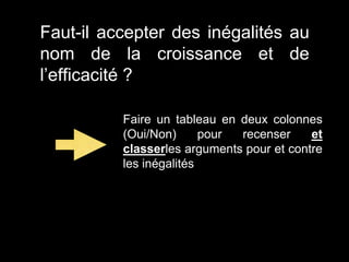 Faut-il accepter des inégalités au
nom de la croissance et de
l’efficacité ?
Faire un tableau en deux colonnes
(Oui/Non) pour recenser et
classerles arguments pour et contre
les inégalités
 