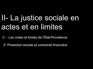 II- La justice sociale en
actes et en limites
C - Les crises et limites de l’État-Providence
2° Protection sociale et contrainte financière
 