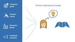 The test: newbie product manager
Company
goals
Product
vision
Business
Model
Feedback
channels
 