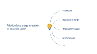 shortcuts
adaptive design
“frequently used”
…
preferences
Frictionless page creation
for advanced users*
 