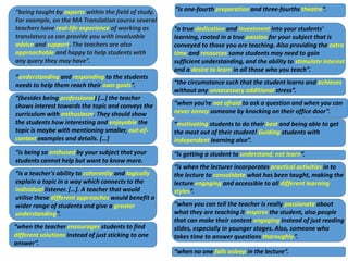“being taught by experts within the field of study.
For example, on the MA Translation course several
teachers have real-life experience of working as
translators so can provide you with invaluable
advice and support. The teachers are also
approachable and happy to help students with
any query they may have”.
“understanding and responding to the students
needs to help them reach their own goals”.
“(besides being professional) […] the teacher
shows interest towards the topic and conveys the
curriculum with enthusiasm. They should show
the students how interesting and enjoyable the
topic is maybe with mentioning smaller, out-of-
context examples and details. […]
“is being so enthused by your subject that your
students cannot help but want to know more.
“is a teacher's ability to coherently and logically
explain a topic in a way which connects to the
individual listener. […]. A teacher that would
utilise these different approaches would benefit a
wider range of students and give a greater
understanding”.
“when the teacher encourages students to find
different solutions instead of just sticking to one
answer”.
“a true dedication and investment into your students'
learning, rooted in a true passion for your subject that is
conveyed to those you are teaching. Also providing the extra
time and resources some students may need to gain
sufficient understanding, and the ability to stimulate interest
and a desire to learn in all those who you teach”.
“the circumstance such that the student learns and achieves
without any unnecessary additional stress”.
“when you’re not afraid to ask a question and when you can
never annoy someone by knocking on their office door”.
“motivating students to do their best and being able to get
the most out of their student! Guiding students with
independent learning also”.
“is getting a student to understand, not learn”.
“is when the lecturer incorporates practical activities in to
the lecture to consolidate what has been taught, making the
lecture engaging and accessible to all different learning
styles”.
“when you can tell the teacher is really passionate about
what they are teaching it inspires the student, also people
that can make their content engaging instead of just reading
slides, especially in younger stages. Also, someone who
takes time to answer questions thoroughly”.
“when no one falls asleep in the lecture”.
“is one-fourth preparation and three-fourths theatre”.
“when the teacher encourages students to find
different solutions instead of just sticking to one
answer”.
 