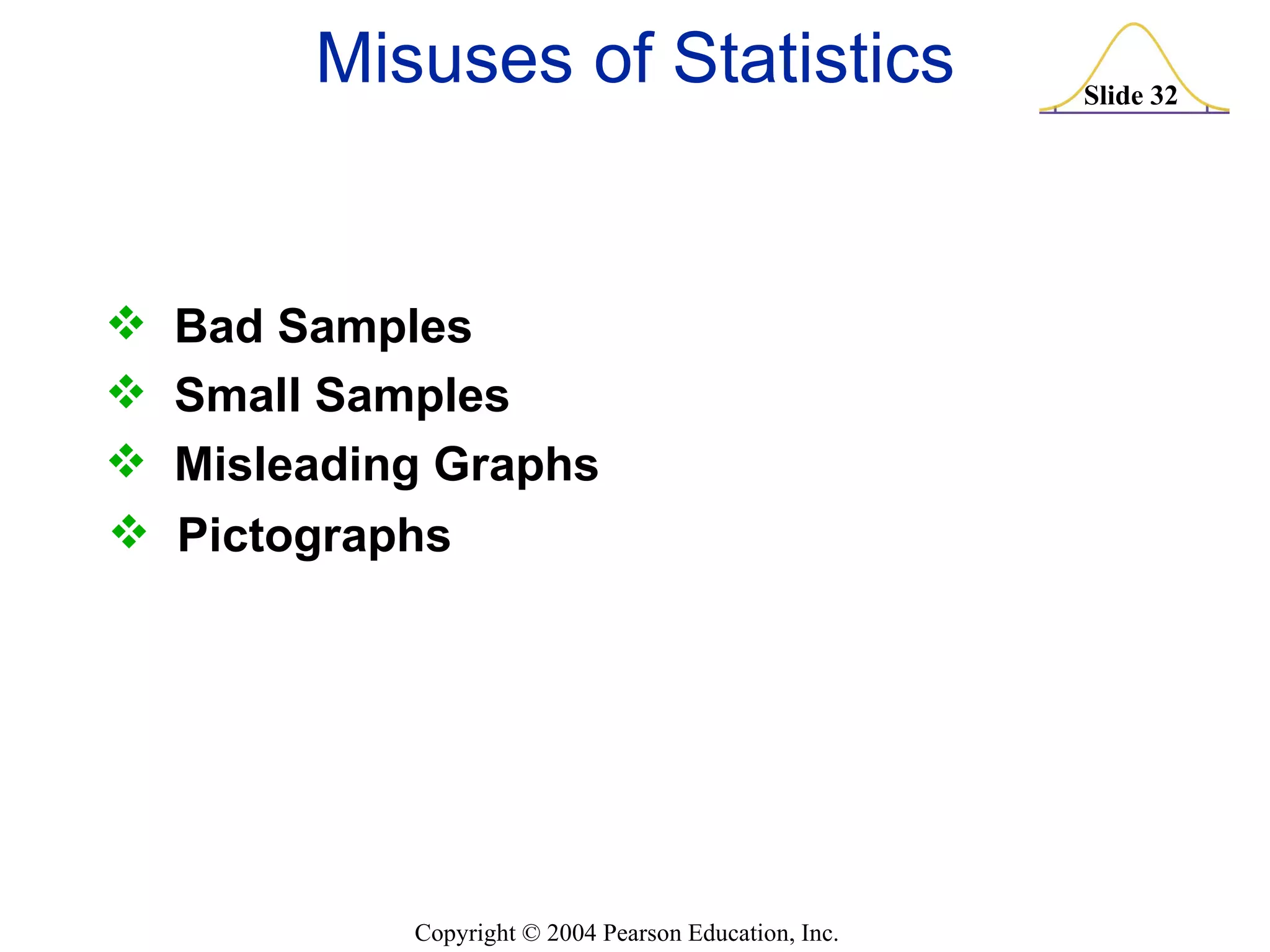 Misuses of Statistics Bad Samples Small Samples Misleading Graphs Pictographs 