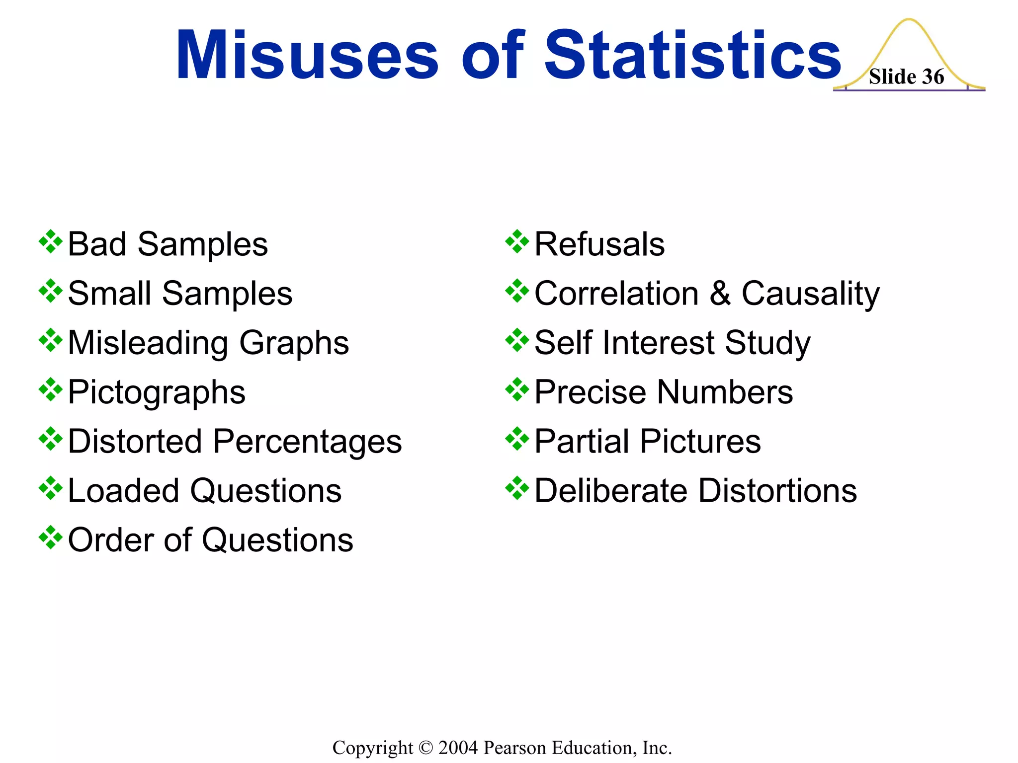 Bad Samples Small Samples Misleading Graphs Pictographs Distorted Percentages Loaded Questions Order of Questions Refusals Correlation & Causality Self Interest Study Precise Numbers Partial Pictures Deliberate Distortions Misuses of Statistics 