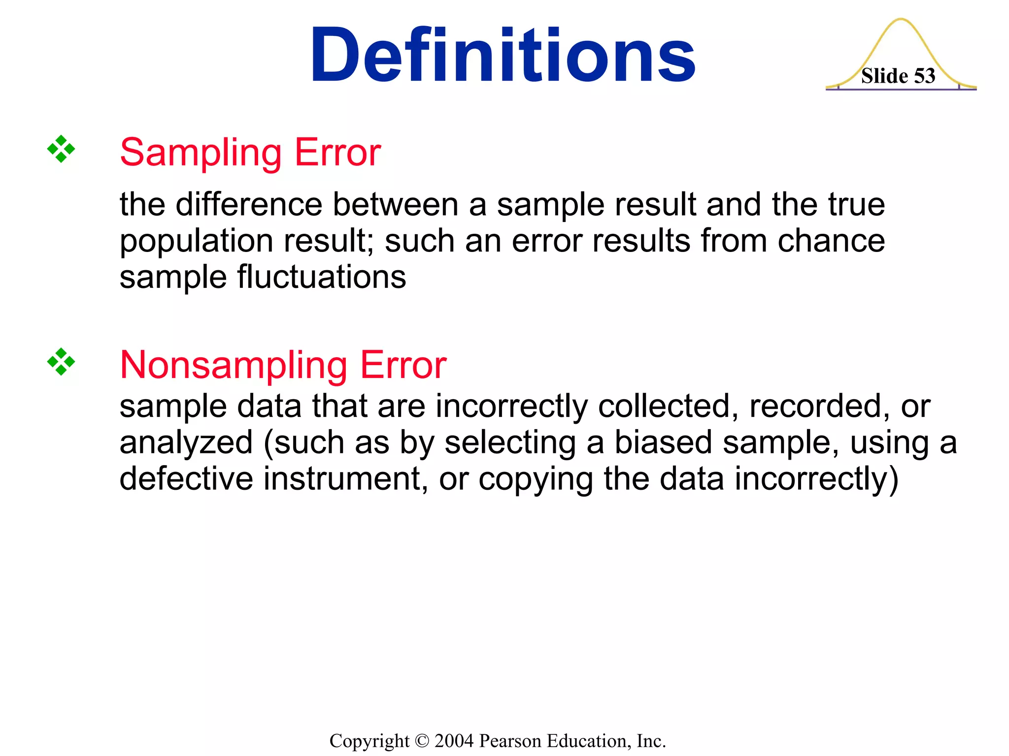 Sampling Error the difference between a sample result and the true population result; such an error results from chance sample fluctuations Nonsampling Error  sample data that are incorrectly collected, recorded, or analyzed (such as by selecting a biased sample, using a defective instrument, or copying the data incorrectly) Definitions 