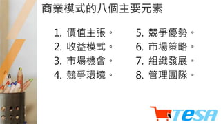 商業模式的八個主要元素
1. 價值主張。
2. 收益模式。
3. 市場機會。
4. 競爭環境。
5. 競爭優勢。
6. 市場策略。
7. 組織發展。
8. 管理團隊。
 