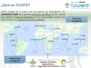 Centros de
Investigación
¿Qué es CCAFS?
CCAFS trabaja de la mano con los centros de investigación del
CONSORCIO CGIAR para...