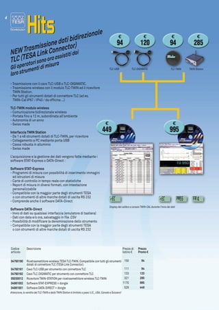 4
Codice
articolo
Descrizione
04760180 Ricetrasmettitore wireless TESA TLC-TWIN.Compatibile con tutti gli strumenti
dotati di connettore TLC (TESA Link Connector).
04760181 Cavo TLC-USB per strumento con connettore TLC
04760182 Cavo TLC-DIGIMATIC per strumento con connettore TLC
05030012 Ricevitore TWIN-STATION per ricetrasmettitore wireless TLC-TWIN
04981002 Software STAT-EXPRESS + dongle
04981001 Software DATA-DIRECT + dongle
TLC-DIGIMATIC TWIN StationTLC-USB
Display del calibro a corsoio TWIN-CAL durante l'invio dei dati
TLC-TWIN
NEWTrasmissionedatibidirezionale
TLC(TESALinkConnector)
Glioperatorisonooraassistitidai
lorostrumentidimisura
- Trasmissione con il cavo TLC-USB o TLC-DIGIMATIC.
- Trasmissione wireless con il modulo TLC-TWIN ed il ricevitore
	 TWIN Station.
- Per tutti gli strumenti dotati di connettore TLC (ad es.
	 TWIN-Cal IP67 / IP40 / da officina ...)
TLC-TWIN modulo wireless
- Comunicazione bidirezionale wireless
- Portata fino a 12 m, subordinata all'ambiente
- Autonomia di un anno
- Swiss made
Interfaccia TWIN Station
- Da 1 a 48 strumenti dotati di TLC-TWIN, per ricevitore
- Collegamento a PC mediante porta USB
- Cassa robusta in alluminio
- Swiss made
L'acquisizione e la gestione dei dati vengono fatte mediante i
software STAT-Express o DATA-Direct :
Software STAT-Express
- Programmi di misura con possibilità di inserimento immagini
	 ed istruzioni di misura
- Carte di controllo in tempo reale con statistiche
- Report di misura in diversi formati, con intestazione
	personalizzabile
- Compatibile con la maggior parte degli strumenti TESA
	 o con strumenti di altre marche dotati di uscita RS 232
- Comprende anche il software DATA-Direct
Software DATA-Direct
- Invio di dati su qualsiasi interfaccia (emulatore di tastiera)
- Dati con data e/o ora, salvataggio in file .CSV
- Possibilità di modificare la denominazione dello strumento
- Compatibile con la maggior parte degli strumenti TESA
	 o con strumenti di altre marche dotati di uscita RS 232
Attenzione,la vendita del TLC-TWIN e della TWIN Station è limitata a paesi U.E.,USA,Canada e Svizzera!
Prezzo di
listino €
Prezzo
Promo €
	150 	94
	111 	94
	133 	120
	321 	285
	1170 	995
	529 	449
€
449
€
995
€
94
€
94
€
120
€
285
 