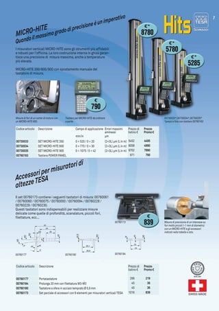 7
ø4
20
45
ø6
ø4
M3
M3
M3
4,5
34
ø9
23
ø4
M3
20
M
26,6
ø0,9
M3
23,1
Codice articolo Descrizione Campo di applicazione Errori massimi
ammessi
mm/in µm
00730033 SET MICRO-HITE 350 0 ÷ 520 / 0 ÷ 20 (2+3L) µm (L in m)
00730034 SET MICRO-HITE 600 0 ÷ 770 / 0 ÷ 30 (2+3L) µm (L in m)
00730035 SET MICRO-HITE 900 0 ÷ 1075 / 0 ÷ 42 (2+3L) µm (L in m)
00760163 Tastiera POWER PANEL
Codice articolo Descrizione
00760177 Portatastatore
00760184 Prolunga 20 mm con filettatura M3-M3
00760180 Tastatore a sfera in acciaio temprato Ø 0,9 mm
00760173 Set parziale di accessori con 8 elementi per misuratori verticali TESA
00760177 0076018400760180
00730033*,00730034*,00730035*
*prezzi e foto con tastiera 00760163
00760173
Misure di fori di un carter di motore con
un MICRO-HITE 600.
Tastiera per MICRO-HITE da ordinare
a parte.
Misura di precisione di un interasse su
fori molto piccoli (~1 mm di diametro)
con un MICRO-HITE e gli accessori
indicati nella tabella a lato.
MICRO-HITE
Accessoripermisuratoridi
altezzeTESA
Quandoilmassimogradodiprecisioneèunimperativo
I misuratori verticali MICRO-HITE sono gli strumenti più affidabili
e robusti per l'officina. La loro costruzione interna in ghisa garan-
tisce una precisione di  misura massima, anche a temperature
più elevate.
MICRO-HITE 350/600/900 con spostamento manuale del
tastatore di misura.
Il set 00760173 contiene i seguenti tastatori di misura:00760061
/ 00760060 / 00760075 / 00760093 / 00760094 / 00760228 /
00760229 / 00760230.
Questi tastatori sono indispensabili per realizzare misure
delicate come quelle di profondità, scanalature, piccoli fori,
filettature, ecc...
Prezzo di
listino €
Prezzo
Promo €
	266 	219
	45 	36
	45 	36
	1016 	839
Prezzo di
listino €
Prezzo
Promo €
	5452 	4495
	6058 	4990
	9702 	7990
	971 	790
€
790
€
839
€*
8780
€*
5780
€*
5285
 