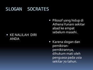 SLOGAN     SOCRATES

                     Pilosof yang hidup di
                      Athena Yunani sekitar
                      abad ke empat
                      sebelum masehi.
 KE NALILAH DIRI
  ANDA
                     Karena slogan dan
                      pemikiran-
                      pemikirannya,
                      dihukum mati oleh
                      penguasa pada usia
                      sekitar 70 tahun.
 