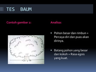 TES     BAUM

Contoh gambar 2:   Analisa:


                    Pohon besar dan rimbun =
                     Percaya diri dan puas akan
                     dirinya.

                    Batang pohon yang besar
                     dan kokoh = Rasa egois
                     yang kuat.
 