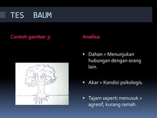 TES     BAUM

Contoh gambar 3:   Analisa:


                    Dahan = Menunjukan
                     hubungan dengan orang
                     lain.

                    Akar = Kondisi psikologis.


                    Tajam seperti menusuk =
                     agresif, kurang ramah.
 