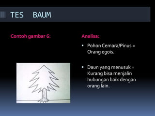 TES     BAUM

Contoh gambar 6:   Analisa:
                    Pohon Cemara/Pinus =
                     Orang egois.

                    Daun yang menusuk =
                     Kurang bisa menjalin
                     hubungan baik dengan
                     orang lain.
 