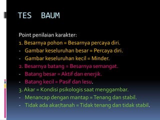 TES      BAUM

Point penilaian karakter:
1. Besarnya pohon = Besarnya percaya diri.
- Gambar keseluruhan besar = Percaya diri.
- Gambar keseluruhan kecil = Minder.
2. Besarnya batang = Besarnya semangat.
- Batang besar = Aktif dan enerjik.
- Batang kecil = Pasif dan lesu.
3. Akar = Kondisi psikologis saat menggambar.
- Menancap dengan mantap = Tenang dan stabil.
- Tidak ada akar/tanah = Tidak tenang dan tidak stabil.
 
