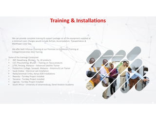 Training & Installations
We can provide complete training & support package on all the equipment supplied at
a minimum cost. Charges would include AirFare, Accomodation, Transportation &
ManPower Cost/ Day.
We offer both Inhouse (Training at our Premises or OutHouse (Training at
College/Universities Site) Training
Some of the trainings Conducted
• JNP, Dewathang, Bhutan – Tq, UK products• JNP, Dewathang, Bhutan – Tq, UK products
• CST, Pheuntshling, Bhutan – Training on Tesca products
• UTM, Penang, Malaysia – Advanced Satellite Trainer
• Polytechnic College, Sarawak, Malaysia – Antenna & Lan Trainer
• Saudi Arabia – Electrical Lab Installation
• Rwika/Jeremiah Embu, Kenya ADB Installations
• Rwanda – Turnkey Project Installed
• Tanzania - Turnkey Project Installed
• Uganda - Turnkey Project Installed
• South Africa – University of Johannesburg, Denel Aviation Academy
 