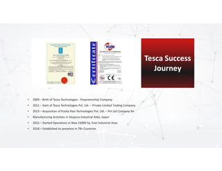 TescaTesca SuccessSuccess
JourneyJourney
• 2009 – Birth of Tesca Technologies - Proprietorship Company
• 2011 – Start of T...