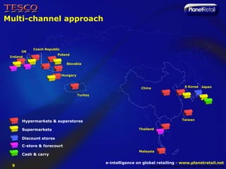 Multi-channel approach


            Czech Republic
       UK
                         Poland
 Ireland

                               Slovakia


                             Hungary



                                                                 China                       S Korea     Japan

                                       Turkey




       Hypermarkets & superstores                                                          Taiwan


       Supermarkets                                             Thailand


       Discount stores

       C-store & forecourt
                                                                Malaysia
       Cash & carry

                                                e-intelligence on global retailing - www.planetretail.net
  9                                                                  Copyright M+M Planet Retail Ltd. All rights reserved
 