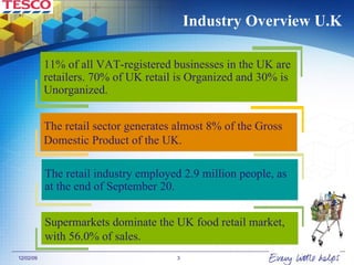 Industry Overview U.K The retail industry employed 2.9 million people, as at the end of September 20. The retail sector generates almost 8% of the Gross Domestic Product of the UK. Supermarkets dominate the UK food retail market, with 56.0% of sales. 11% of all VAT-registered businesses in the UK are retailers. 70% of UK retail is Organized and 30% is Unorganized. 