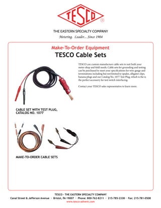 THE EASTERN SPECIALTY COMPANY
Metering. Leader... Since 1904
TESCO - THE EASTERN SPECIALTY COMPANY
Canal Street & Jefferson Avenue · Bristol, PA 19007 · Phone: 800-762-8211 · 215-785-2338 · Fax: 215-781-0508
www.tesco-advent.com
Catalog No. 2200
TESCO Field Test Interface Kit
TESCO’s new Field Test Interface Kit (Catalog No. 2200) provides metering profes-
sionals with exceptional testing flexibility. The Field Test Interface includes a zero
insertion force (ZIF) meter socket, voltage and form selection, and connection
points to link it with a TESCO Field Test Kit (Catalog No. 621, 630 or GA Series).
When combined with a Field Test Kit and powered via inverter (commonly used on
service trucks), the Field Test Interface will then power the Field Test Kit to create
a single position, stand-alone, meter accuracy testing device for various socket
based meters (both mechanical & solid-state). Power for the Field Test Interface can
also be supplied by customer potential via TESCO Field Test Kit (no need for the
inverter).
The Field Test Interface, with the proper load box, boasts a 50 amp max current
input and operates on voltages up to 480V. With an optional disconnect operation
(only functional when powered via 120 VAC/inverter), you’ll be able to conduct all
required meter testing while in the field.
TESCO’s Field Test Interface has all the functionality as the Desktop Meter Stations
and can be used as a programming station, a single meter evaluation station, or a
test bed for checking meter features and anomalies. And with the on-board meter
socket, you’ll eliminate all the adapters needed for transformer-rated and self-
contained testing.
The Field Test Interface is built with the TESCO tradition of reliability and rugged-
ness.
Specifications
Power Source
•	 120 VAC, with detachable 10’ cord
•	 TESCO Field Test Kit (not included)
Internal Power Supply
•	 Standard Model - 250 VA transformer (with taps up to 480 VAC)
•	 Disconnect Model - 500 VA transformer (with taps up to 480 VAC)
Meter Test Current: 50 Amps max
Meter Socket Rating: 600 Volts
Meter Forms: 1, 2, 3, 4, 5/45, 6/36, 8, 9, 12, 14, 15, 16
Voltage: 0, 120, 208, 240, 277, 480 (480 is an optional feature)
Potential In/Out Connections: two, 5 Amp sheathed banana jacks
Current Connections: six, 50 Amp multi-contact connections
Dimensions: 13.3” x 14.9” x 9.8” (W x H x D)
Weight
•	 Standard Model - 26.5 lbs.
•	 Disconnect Model - 32 lbs.
Catalog No. 2200 Options
•	 Disconnect Operation “D”
•	 480 VAC Meter Testing “V”
•	 Custom Forms “F”
Accessories
•	 Inverter (KISAE - Model SW1210)
•	 Custom Potential & Load Cables
FIELD TEST INTERFACE KIT
CATALOG NO. 2200
 