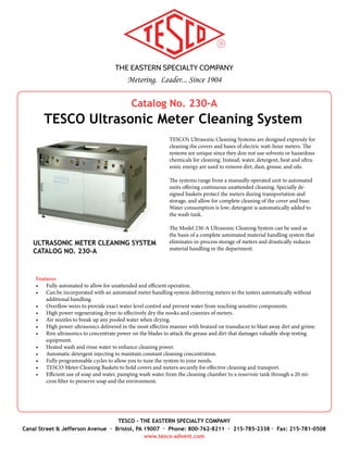 THE EASTERN SPECIALTY COMPANY
Metering. Leader... Since 1904
TESCO - THE EASTERN SPECIALTY COMPANY
Canal Street & Jefferson Avenue · Bristol, PA 19007 · Phone: 800-762-8211 · 215-785-2338 · Fax: 215-781-0508
www.tesco-advent.com
Catalog No. 1043
TESCO 10 Amp Current Transformer
Burden Test Set
The Catalog 1043 Current Transformer Burden Test Set is a simple and inexpen-
sive means whereby a current transformer installation may be quickly checked
for many sources of trouble. The tests are made without interrupting the Cus-
tomer’s service and while the load is on.
The instrument is essentially a multi-range ammeter with a built-in ohmic bur-
den which is normally shunted, but which can be put in series with the meter by
pressing a push button.
Extensive precautions have been taken in the design of the CT Burden Test Set.
A continuous and closed path in the watt-hour meter current circuit exists at all
times, and the secondary of the current transformer will not open by accident.
Features
•	 Current ranges selected such that a half-scale reading on any range will be
a full-scale deflection on the next lowest range. Consequently, a current
range can be selected which will give at least half-scale deflection.
•	 Large easy to read panel meter.
•	 Four current ranges.
•	 Six ohmic burden values
•	 Non-conducting molded case.
Specifications
•	 Current Ranges: 1.25, 2.5, 5, 10 amperes
•	 Burden Values: 0.1, 0.2, 0.5, 1.0, 2.0, 4.0 ohms
•	 At the nominal current of 5 amperes, these ohmic values correspond to 2.5,
5, 12.5, 25, 50 and 100 volt ampere burden, respectively.
•	 Rotary Switches: The rotary switches are of the shorting or “make before
break” type to prevent accidental opening of the C. T. secondary.
•	 Readability: The meter is a 2.5” panel instrument with a scale of 2.2” and a
transparent unbreakable plastic cover for easy viewing.
•	 Duty Cycle: The instrument is rated for continuous duty up to the largest
current value except for the burden resistors which are rated for intermit-
tent duty.
•	 Case: The instrument is housed in a non-conducting black molded plastic
case with white panel markings.
•	 Dimensions: 5.25” x 6.875” x 3.125” (W x H x D)
•	 Weight: 2.75 lbs.
CURRENT TRANSFORMER
BURDEN TEST SET
CATALOG NO. 1043
Accessories
•	 Carrying Case, Catalog No. 1046
- Overall Size: 8.5” x 4” x 7.375”
- Weight: 1 lb.
•	 Test Plug, Catalog No. 1077
•	 Optional Leads
- J-35-50C 6 ft.. cable with copper clips
- J-35-50T 6 ft.. cable with Catalog
No. 1077 Test Plug
 
