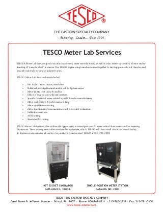 THE EASTERN SPECIALTY COMPANY
Metering. Leader... Since 1904
TESCO - THE EASTERN SPECIALTY COMPANY
Canal Street & Jefferson Avenue · Bristol, PA 19007 · Phone: 800-762-8211 · 215-785-2338 · Fax: 215-781-0508
www.tesco-advent.com
TESCO Meter Lab Services
TESCO’s Meter Lab Services gives our utility customers, meter manufacturers, as well as other metering vendors, a better under-
standing of “cause & effect” scenarios. The TESCO engineering team has worked together to develop protocols, test theories, and
research materials on various industry topics.
TESCO Meter Lab Services have included:
•	 Hot socket issues, causes, simulation
•	 Statistical investigation and analysis of field phenomena
•	 Meter failure root cause & analysis
•	 Effects of magnets on solid state meters
•	 Specific functional issues related to AMI & meter manufacturers
•	 Meter certification & performance testing
•	 Meter qualification testing
•	 Meter functionality/communication test protocol & evaluation
•	 Calibration services
•	 ANSI testing
•	 Simulated UL testing
TESCO Meter Lab Services offer utilities the opportunity to investigate specific issues related their meters and/or metering
department. These investigations often result in lab equipment, which TESCO will then install at our customer’s facility.
To discuss a custom meter lab service (or product), please contact TESCO at (215) 785-2338.
HOT SOCKET SIMULATOR
CATALOG NO. 3100-L
SINGLE-POSITION METER STATION
CATALOG NO. 2300
 