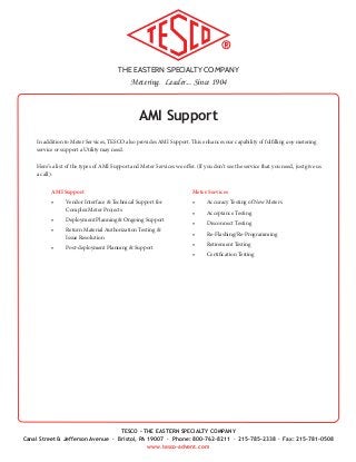 THE EASTERN SPECIALTY COMPANY
Metering. Leader... Since 1904
TESCO - THE EASTERN SPECIALTY COMPANY
Canal Street & Jefferson Avenue · Bristol, PA 19007 · Phone: 800-762-8211 · 215-785-2338 · Fax: 215-781-0508
www.tesco-advent.com
AMI Support
In addition to Meter Services, TESCO also provides AMI Support. This enhances our capability of fulfilling any metering
service or support a Utility may need.
Here’s a list of the types of AMI Support and Meter Services we offer. (If you don’t see the service that you need, just give us
a call):
AMI Support
•	 Vendor Interface & Technical Support for
Complex Meter Projects
•	 Deployment Planning & Ongoing Support
•	 Return Material Authorization Testing &
Issue Resolution
•	 Post-deployment Planning & Support
Meter Services
•	 Accuracy Testing of New Meters
•	 Acceptance Testing
•	 Disconnect Testing
•	 Re-Flashing/Re-Programming
•	 Retirement Testing
•	 Certification Testing
 