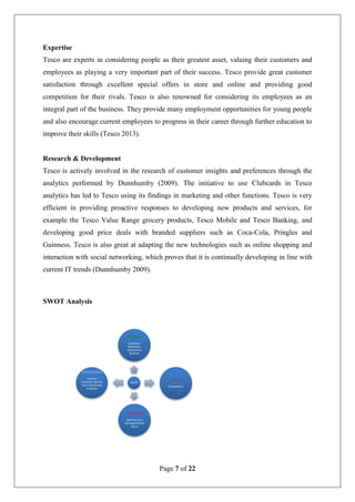 Page 7 of 22
Expertise
Tesco are experts in considering people as their greatest asset, valuing their customers and
employees as playing a very important part of their success. Tesco provide great customer
satisfaction through excellent special offers in store and online and providing good
competition for their rivals. Tesco is also renowned for considering its employees as an
integral part of the business. They provide many employment opportunities for young people
and also encourage current employees to progress in their career through further education to
improve their skills (Tesco 2013).
Research & Development
Tesco is actively involved in the research of customer insights and preferences through the
analytics performed by Dunnhumby (2009). The initiative to use Clubcards in Tesco
analytics has led to Tesco using its findings in marketing and other functions. Tesco is very
efficient in providing proactive responses to developing new products and services, for
example the Tesco Value Range grocery products, Tesco Mobile and Tesco Banking, and
developing good price deals with branded suppliers such as Coca-Cola, Pringles and
Guinness. Tesco is also great at adapting the new technologies such as online shopping and
interaction with social networking, which proves that it is continually developing in line with
current IT trends (Dunnhumby 2009).
SWOT Analysis
SWOT
STRENGTHS
Customer
Retention
Outsourced
Systems
THREATS
Competition
WEAKNESSES
Web Security
Damaged Brand
Name
OPPORTUNITIES
Improve
Customer Service
Push Own Brand
Products
 