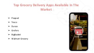 Top Grocery Delivery Apps Available In The
Market
➢ Peapod
➢ Tesco
➢ Dunzo
➢ Grofers
➢ BigBasket
➢ Walmart Grocery
 